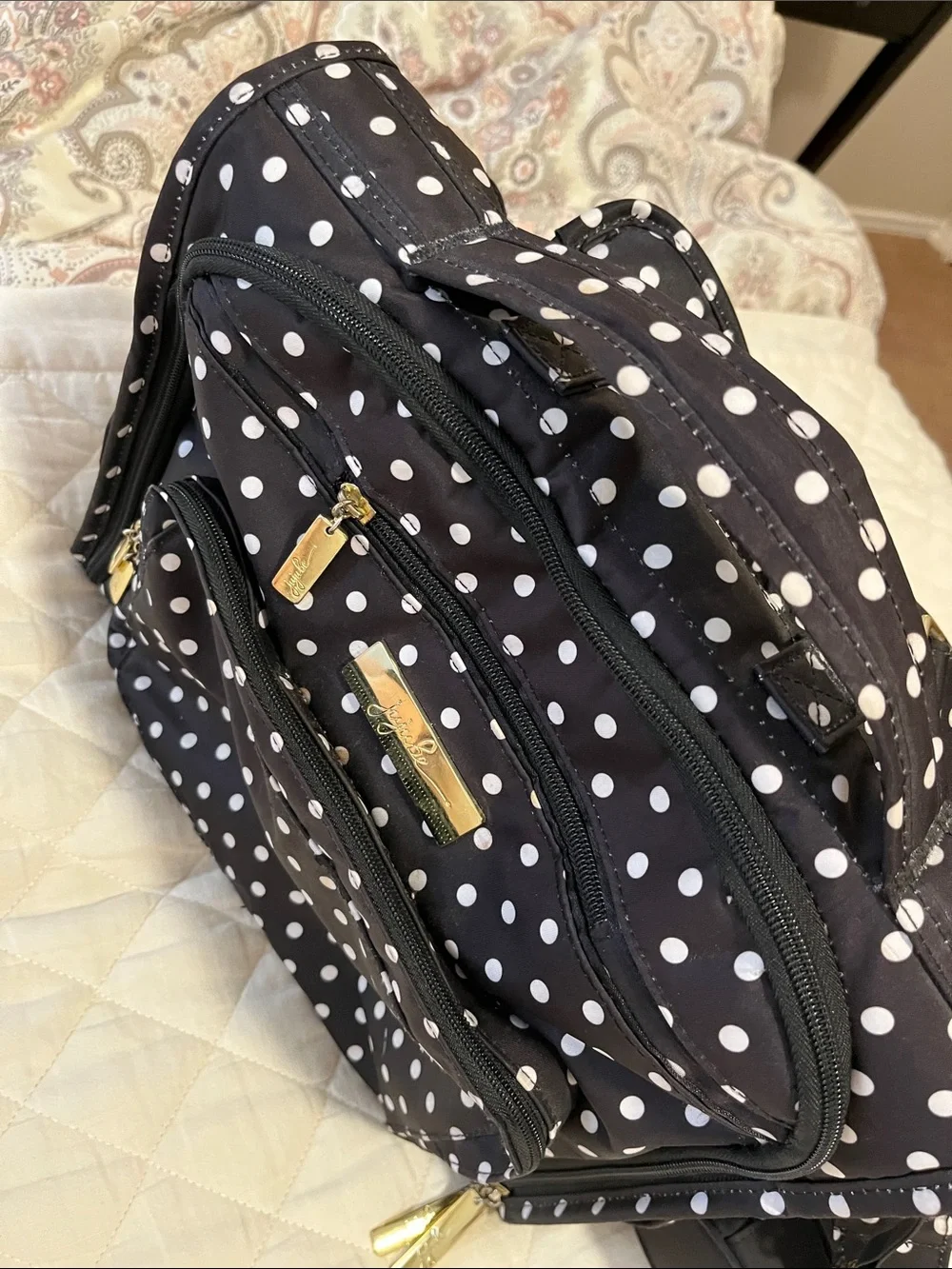 JuJuBe BFF Duchess - Polka Dot Black Baby Diaper Bag with Gold Accents